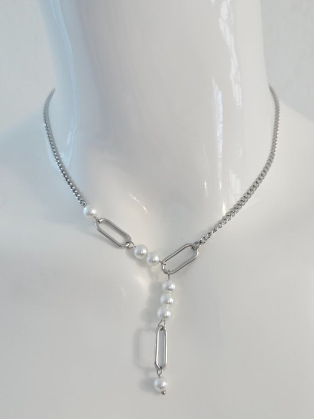 Silver Tone Pearl Accent Y Drop Necklace Long Link Pendant Elegant Jewelry